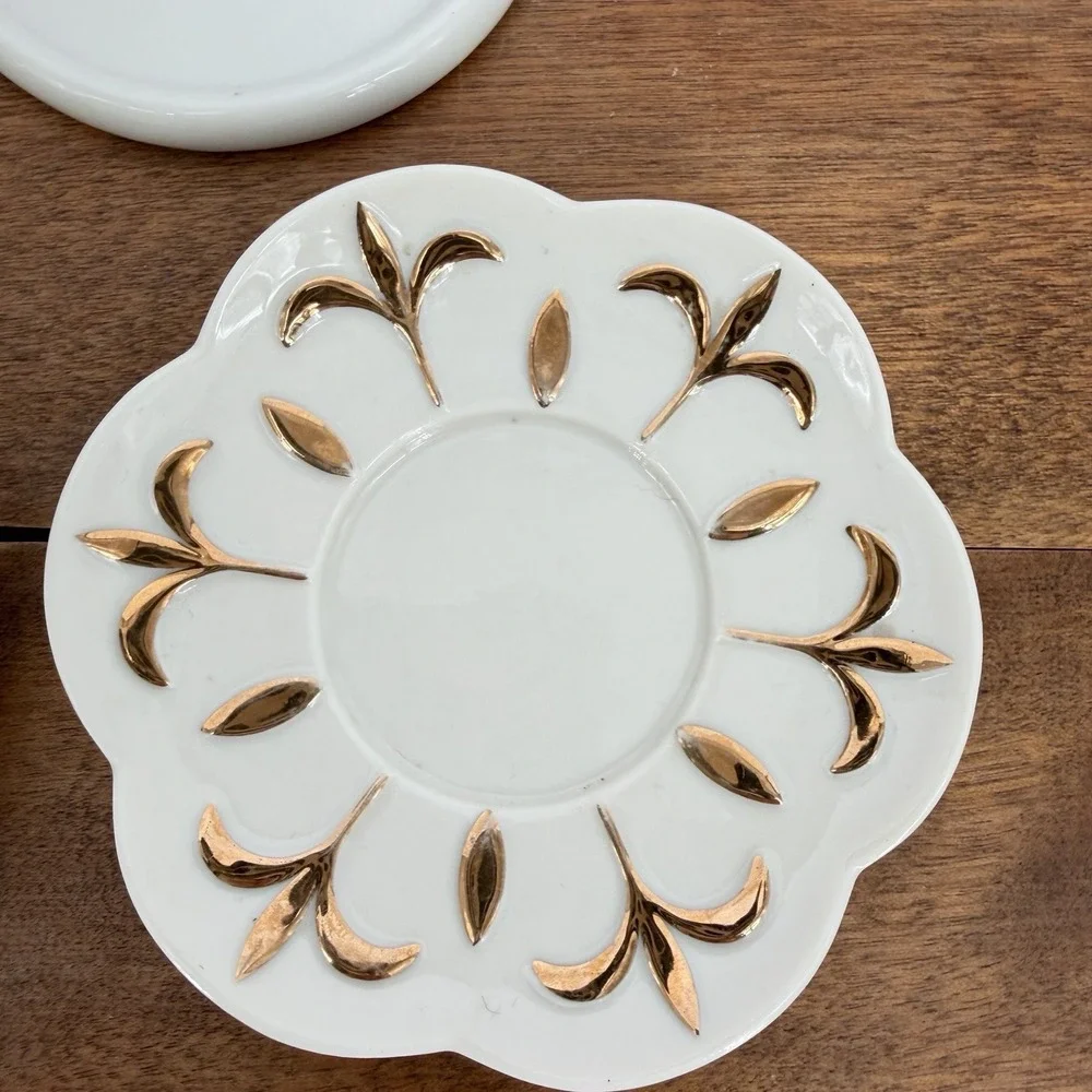 VTG 90s PartyLite Tea For Two Candle Holder Porcelain Teapot 2 Saucers Gold Trim - Picture 12 of 14